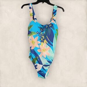 Beach Betty by Miracle Brands Blue Multicolored Floral Print One Piece Swimsuit